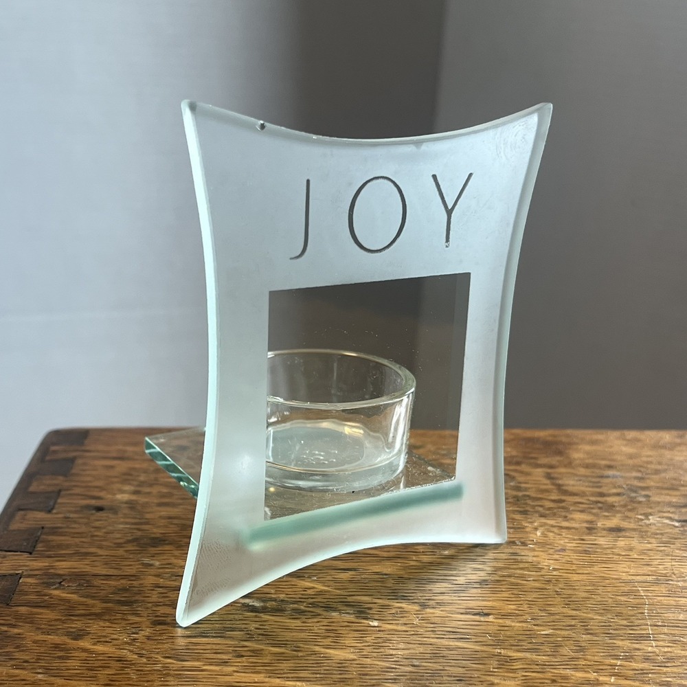 Bohemian Etched Frosted Glass Window Votive Joy Clear Holiday Candle Holder